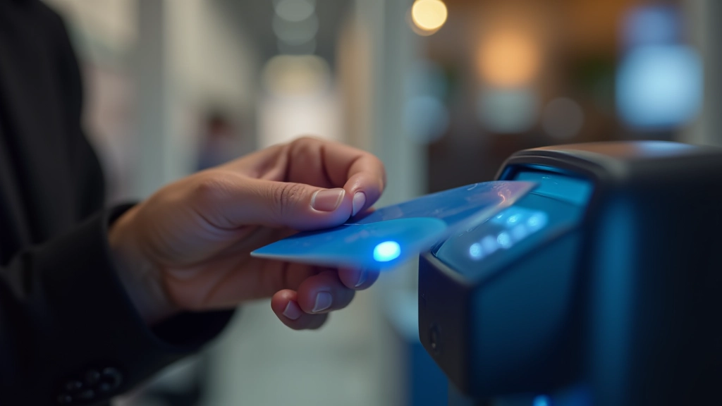 Gros plan sur main tenant une carte de crédit près d'un terminal de paiement sans contact, lumière chaude, environnement commercial moderne