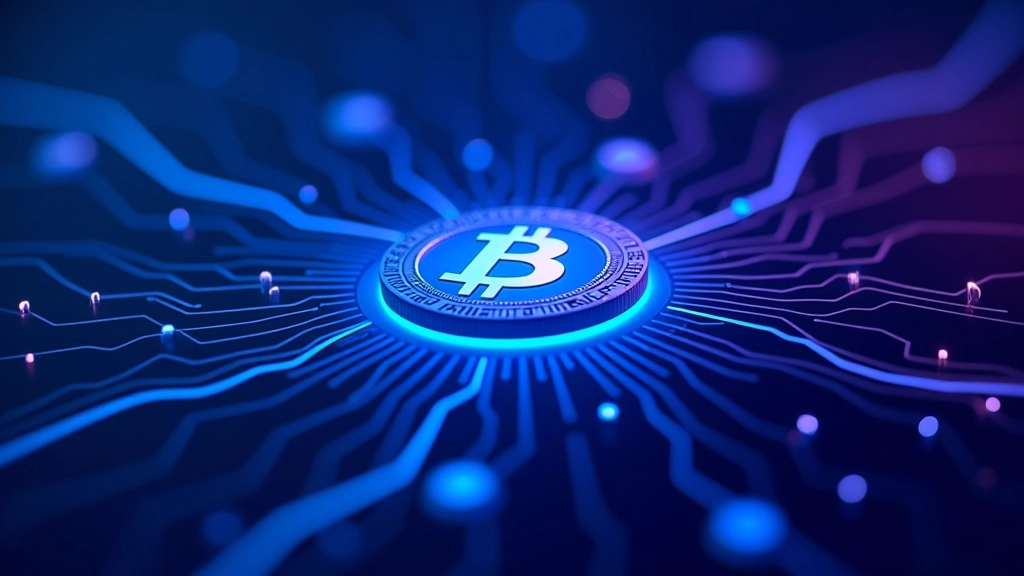 Représentation numérique d'une pièce de monnaie virtuelle avec symboles cryptographiques et réseau blockchain, arrière-plan technologique