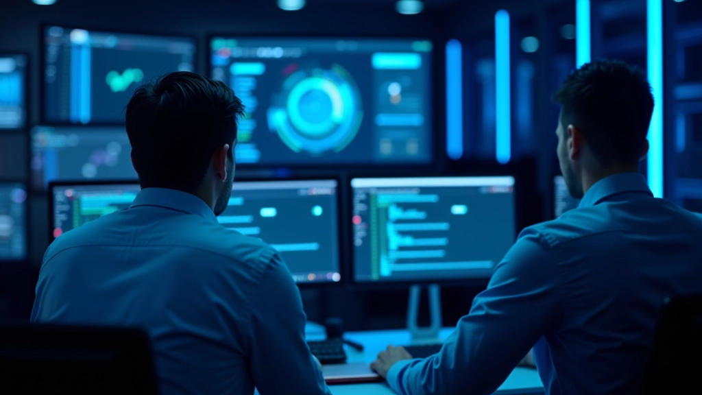 Centre de sécurité informatique avec équipe surveillant les menaces en temps réel, écrans affichant des données de sécurité, ambiance de surveillance vigilante