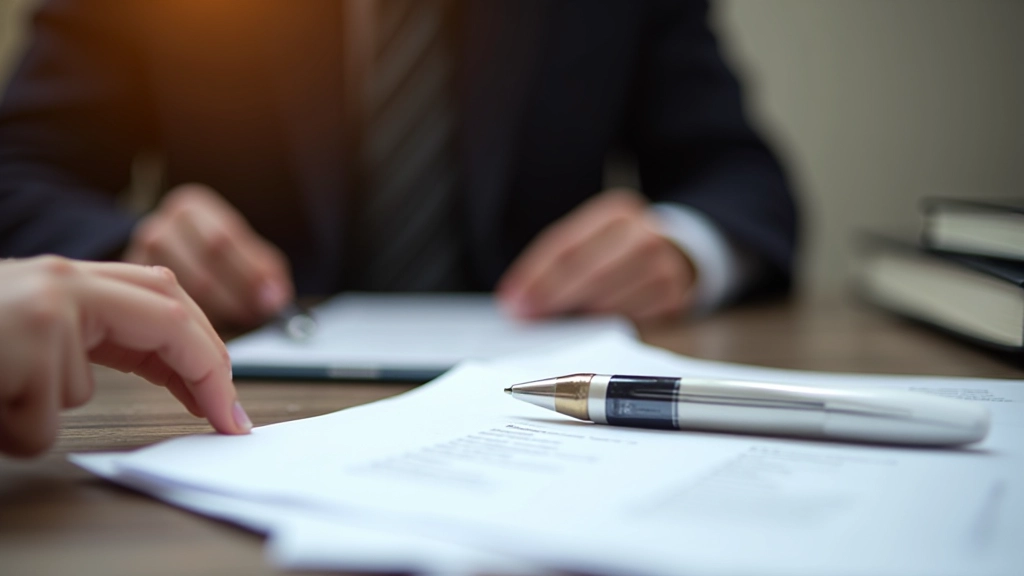 Documents réglementaires empilés sur un bureau avec gavel et stylo, représentant la conformité légale et les obligations réglementaires