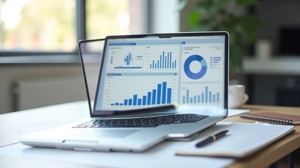 Bureau de travail moderne avec ordinateur portable affichant des données financières et des graphiques d'analyse