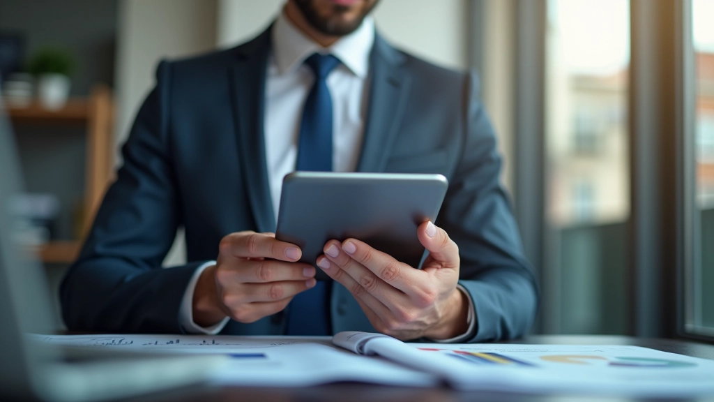 Personne en costume utilisant une tablette pour analyser des données de marché et des rapports financiers