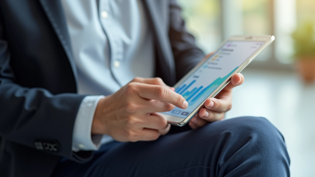 Personne utilisant une tablette affichant une application bancaire avec graphiques de finances personnelles