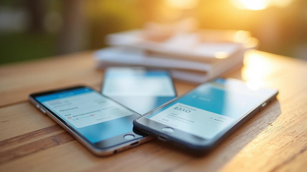 Trois téléphones mobiles affichant différentes applications de paiement et interfaces de transactions, alignés sur une surface en bois