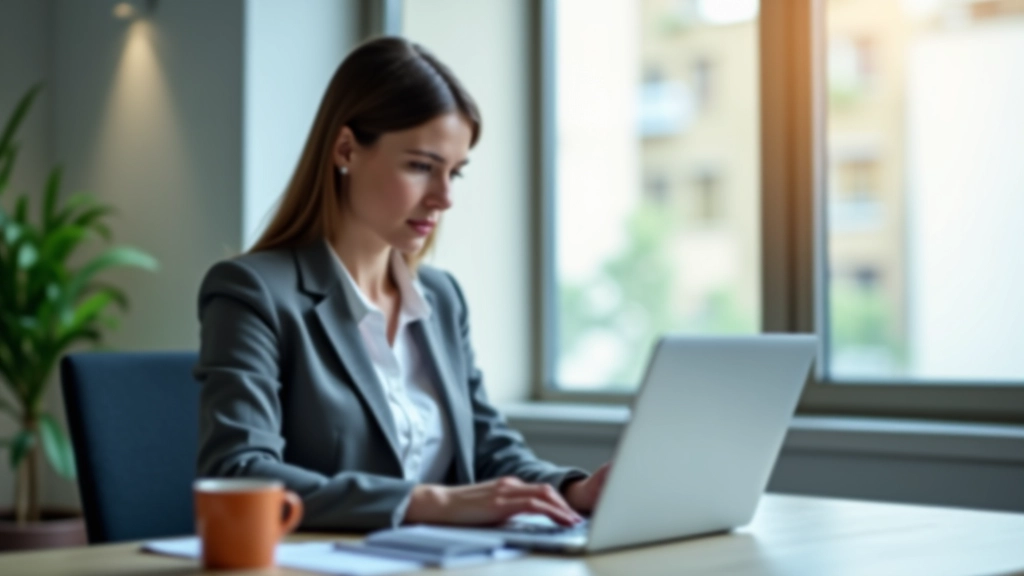 Femme utilisant un ordinateur portable pour accéder aux services bancaires numériques dans un environnement professionnel